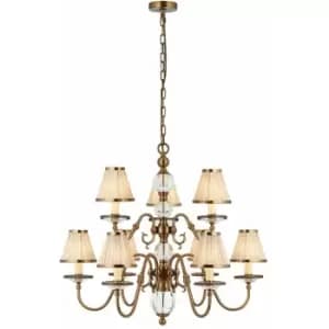 Loops - Flemish Ceiling Pendant Chandelier Antique Brass & Beige Shades 9 Lamp Light