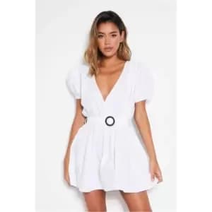 I Saw It First White Puff Sleeve Belted Skater Dress - White