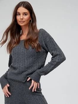 Guess Scoop Neck Cable Knit Cosy Jumper - Medium Heather Grey, Size S, Women