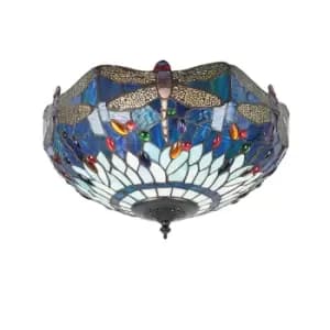Dragonfly 2 Light Medium Ceiling Flush Light Dark Bronze, Blue, Tiffany Style Glass, E27