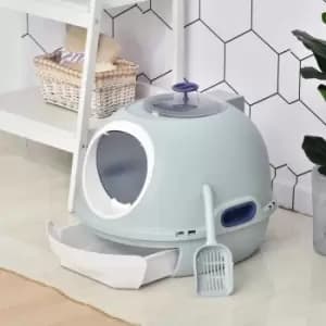 PawHut Futuristic Capsule-Shaped Cat Litter Box w/ 2 Doors Litter Scoop Drawer - Blue