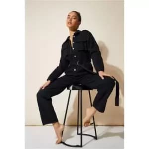 I Saw It First Black Cargo Belted Denim Jumpsuit - Black