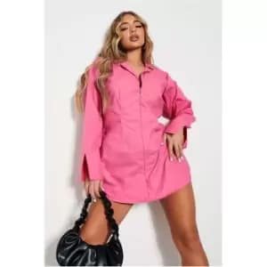I Saw It First Hot Pink Woven Concealed Zip Long Sleeve Shirt Dress - Pink