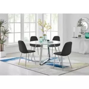 Furniture Box Santorini White Round Dining Table and 4 Black Corona Silver Leg Chairs