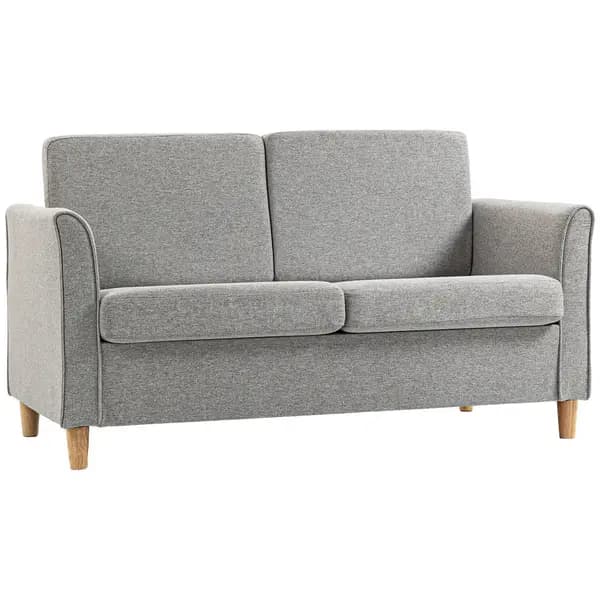 HOMCOM Double Seat Sofa Loveseat Couch 2 Seater Linen Armchair with Wood Legs Light Grey