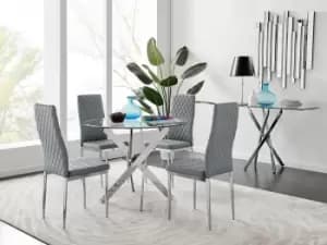 Novara Clear Tempered Glass 100cm Round Dining Table with Chrome Starburst Legs & 4 Milan Faux Leather Chairs