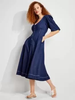 Denim Button-Front Dress - Indigo. - 10
