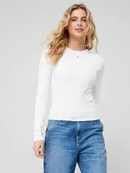Tommy Jeans Baby Essential Ribbed Long Sleeve T-Shirt - White, Size L, Women