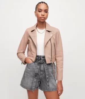 AllSaints Womens Rift Leather Biker Jacket, Misty Pink, Size: 12