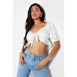 I Saw It First White Satin Tie Front Puff Sleeve Crop Blouse - White