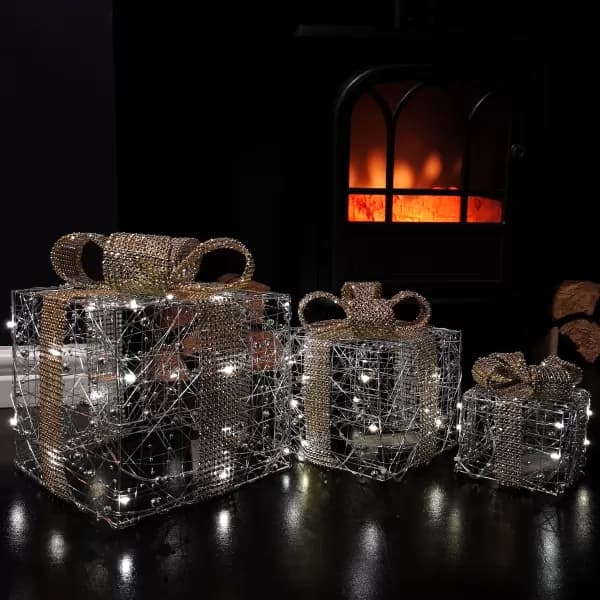 Set of 3 Battery Operated Silver Christmas Gift Boxes with LEDs