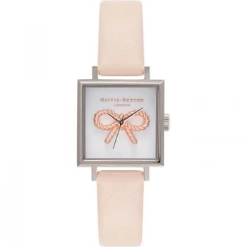 Vintage Bow 3D Midi Square Dial Nude Peach Rose Gold & Silver Watch