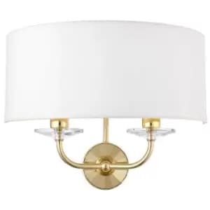 Dimmable Twin Wall Light Brass Glass White Fabric Shade Curved Arm Lamp Fitting