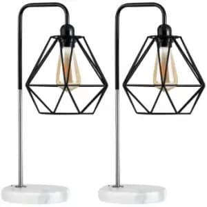 Minisun - 2 x Talisman Marble Base Table Lamps in Brushed Chrome - Black Shades - No Bulb
