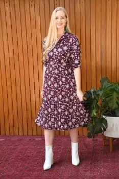 Burgundy Ditsy Daisy Pleated Midi Dress With Gold Buckle Belt