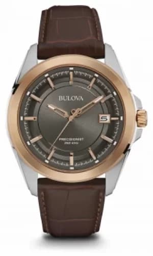 Bulova Mens Brown Strap Grey Dial Rose Gold Case 98B267 Watch