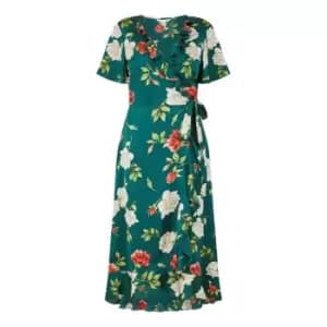 Yumi Green Satin Rose Print Wrap Dress - Green