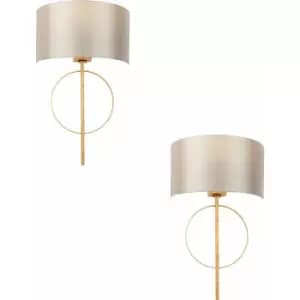 Loops - 2 pack Antique Gold Leaf Wall Light & Mink Satin Shade Dimmable Filament Lamp