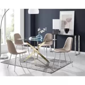 Furniturebox Leonardo 120cm Modern Glass And Gold Metal Leg Dining Table And 4 Cappuccino Beige Corona Faux Leather Dining Chairs with Silver Legs