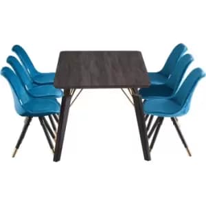 7 Pieces Life Interiors Sofia Cosmo Dining Set - a Black Rectangular Dining Table and Set of 6 Blue Dining Chairs - Blue