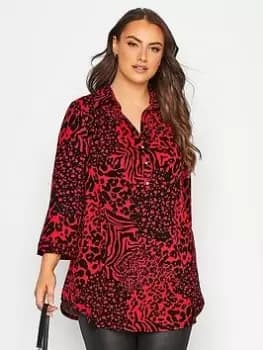 Yours Half Placket Blouse Animal, Red, Size 20, Women