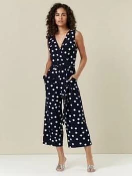 Wallis Spot Culotte Jumpsuit - Navy, Size 12, Women