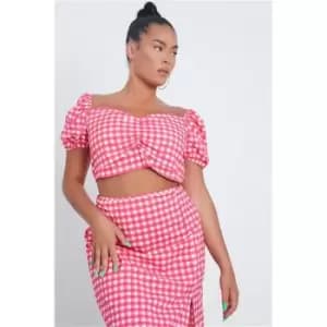 I Saw It First Pink Plus Size Gingham Milk Maid Puff Sleeve Top Co-Ord - Pink