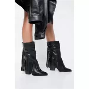 I Saw It First Black Fringe Detail Heeled Western Ankle Boot - Black