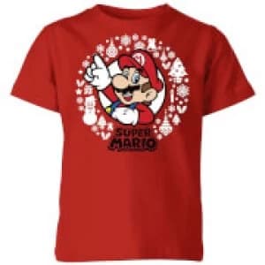 Nintendo Super Mario White Wreath Kid's Christmas T-Shirt - Red - 11-12 Years
