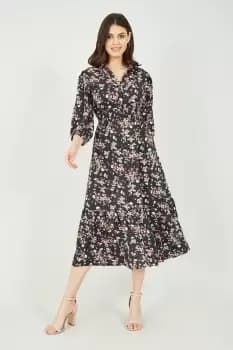 Black Floral Print Shirt Midi Dress