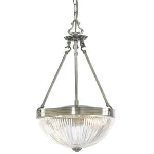 2 Light Ceiling Pendant Antique Brass, Ribbed Glass, E27