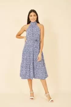 Blue Ditsy Floral Halter Gypsy Dress