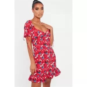 I Saw It First Red Woven Floral Print Puff Sleeve Frill Hem Skater Dress - Red