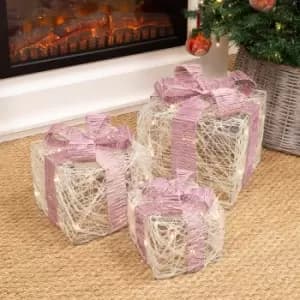 Christmas Workshop Set of 3 LED Light Up Xmas Gift Boxes with Pink Bows - Warm White