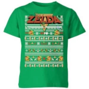Nintendo Legend Of Zelda Pattern Kid's Christmas T-Shirt - Kelly Green - 11-12 Years
