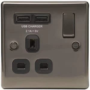 BG Nexus Metal Black Nickel Single 1 Gang Plug Socket with 2 x USB Outlets Black insert 13A - NBN21U2B