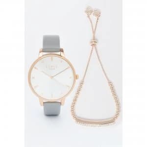 Lipsy Grey Strap Watch and Rose Gold Bracelet Gift Set