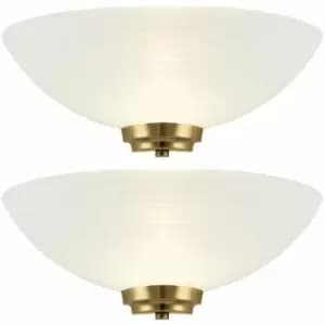 Loops - 2 pack Dimmable LED Wall Light Antique Brass White Pattern Glass Shade Dome Lamp