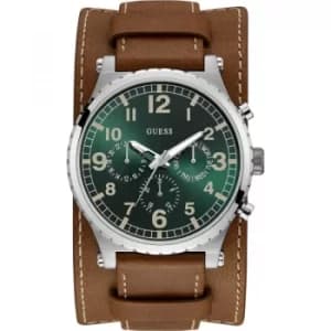 GUESS Gents silver watch with green dial and leather strap with removable cuff.