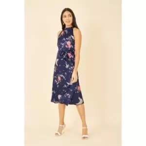 Yumi Navy Satin Crane Print Halter Neck Dress - Blue
