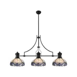 Worcester, 3 Light Linear Ceiling Pendant E27 With 30cm Tiffany Shade, Matt Black, Blue, Clear Crystal