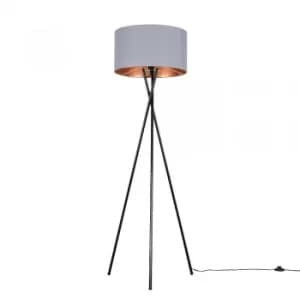 Camden Black Tripod Floor Lamp with XL Grey and Copper Reni Shade