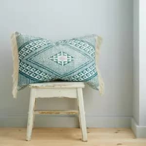 Pineapple Elephant Kebra Aztec Fringed 100% Cotton Filled Cushion, Teal, 40 x 60 Cm