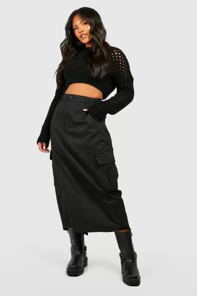 Plus High Waisted Twill Cargo Midaxi Skirt