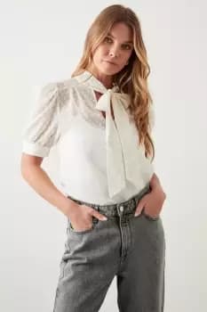 Cream Short Sleeve Pussybow Blouse