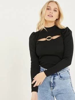 Quiz Black Ribbed Puff Sleeves Top - 8