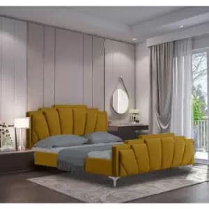 Lanna Upholstered Beds - Plush Velvet, Double Size Frame, Mustard - Mustard
