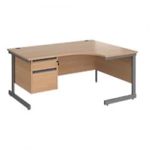 Right Hand Ergonomic Desk with 2 Lockable Drawers Pedestal and Beech Coloured MFC Top with Graphite Frame Cantilever Legs Contract 25 1600 x 1200 x 72