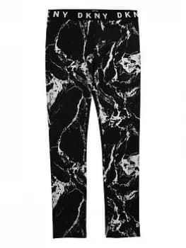 DKNY Girls Marble Print Logo Waistband Leggings - Black, Size Age: 10 Years, Women