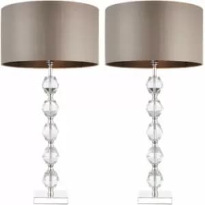 2 PACK Glass Table Lamp Light Silver Crystal & Taupe Shade Square Base Sideboard